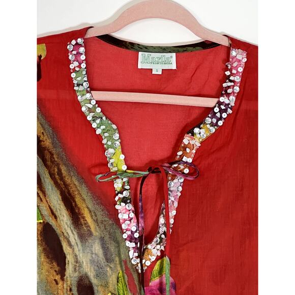 Marila Red Floral Vneck Crystal Details Semi Sheer 3/4 Sleeves Cover Up Size S - Picture 2 of 8